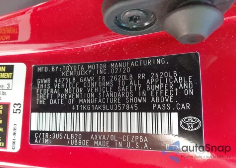 2020 Toyota Camry Xse z USA, uszkodzony, nr VIN 4T1K61AK9LU357845